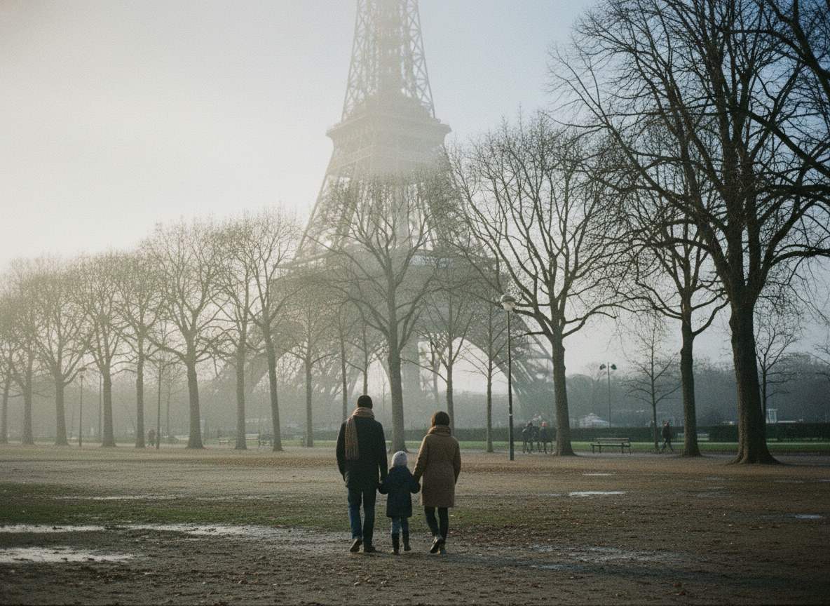 A candid, documentary-style photograph, shot on 35mm film. Grainy, high texture, realistic. A wide shot of the Eiffel Tower peeking through bare winter trees on a misty morning. A small family group is walking away from the camera in the foreground. Shot with a 24mm wide-angle lens. Deep depth of field. Dramatic natural lighting with soft fog.