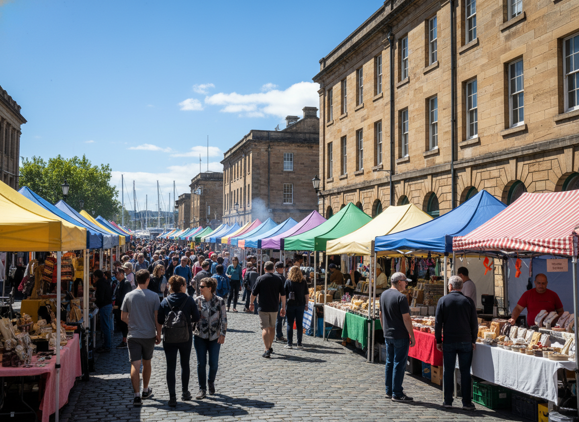  The Salamanca Market in Hobart, colorful stalls with local crafts and food, bustling atmosphere, sunny day walk around the beautiful sandstone buildings. Nostalgic Hobart