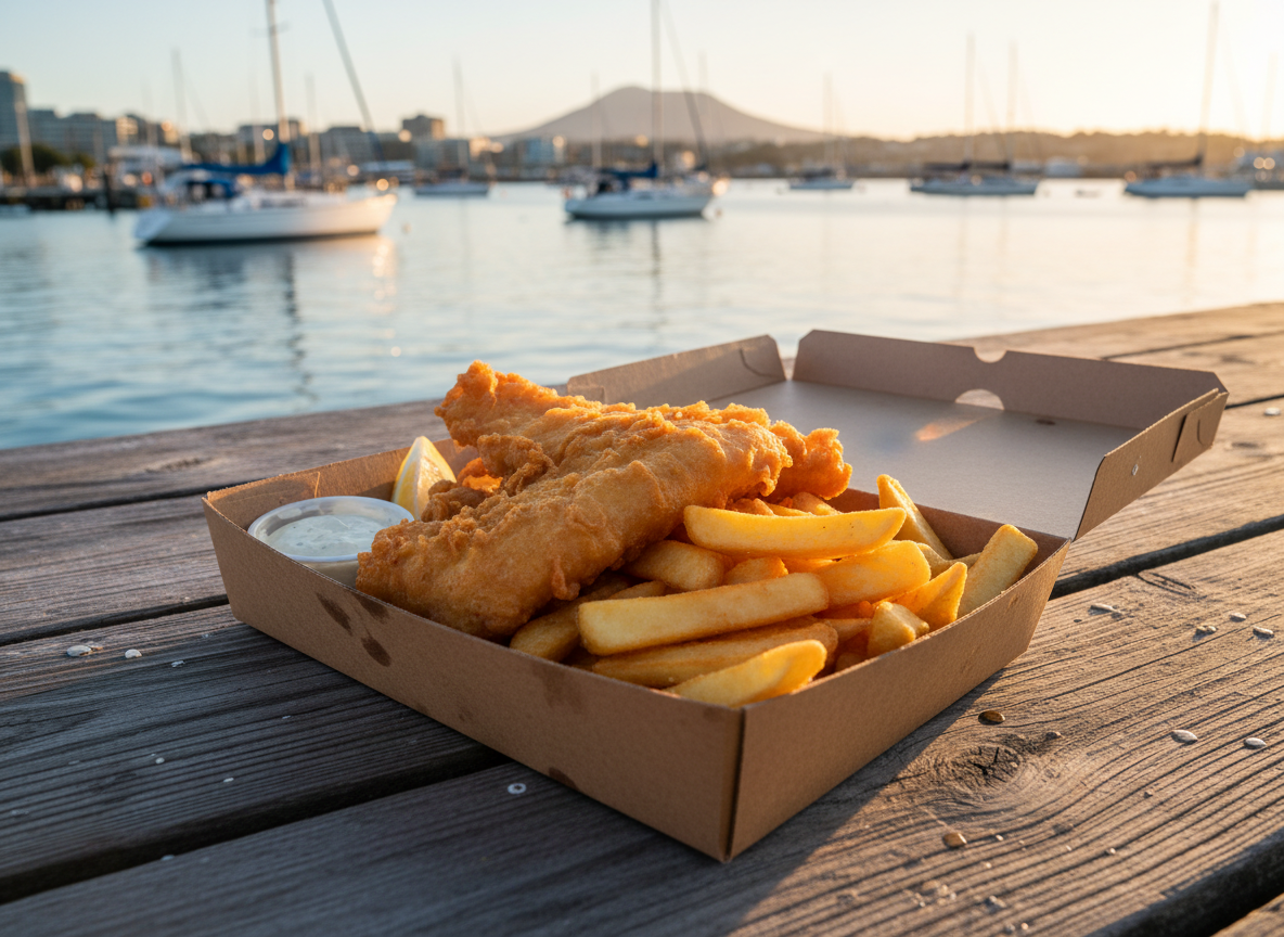 A delicious spread of fresh fish and chips in a cardboard box sitting on a wooden pier at the Hobart waterfront.