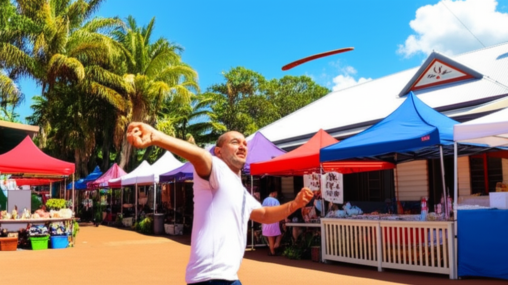 A humorous shot of someone struggling to throw a boomerang in Kuranda Village, with market stalls in the background.