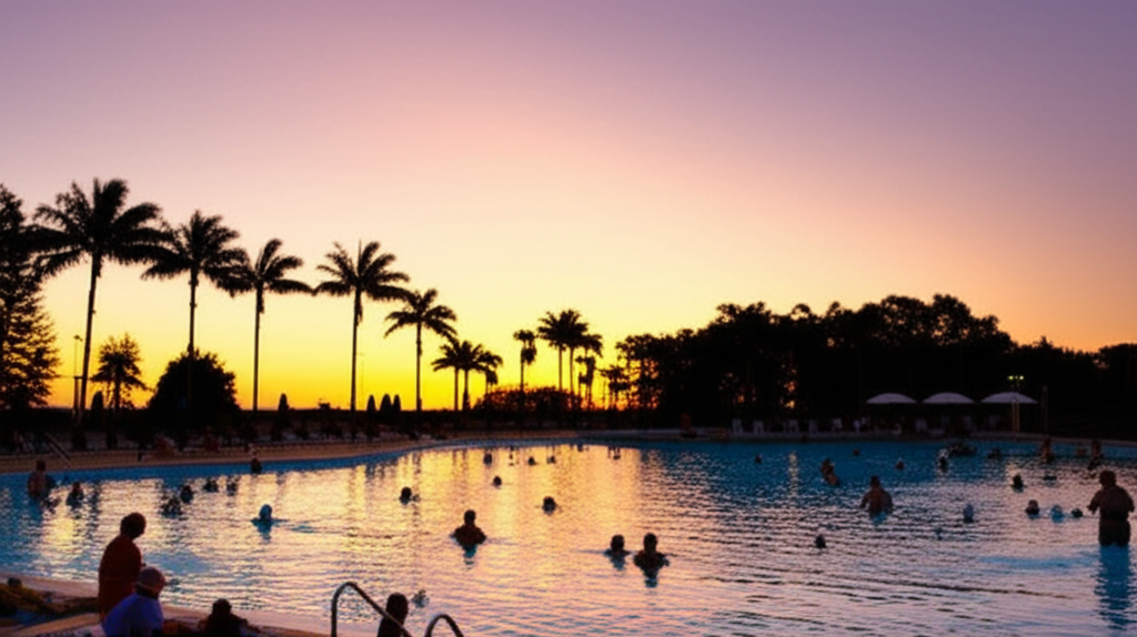 A photo of the Cairns Esplanade Lagoon at sunset, with people swimming and relaxing around the pool.