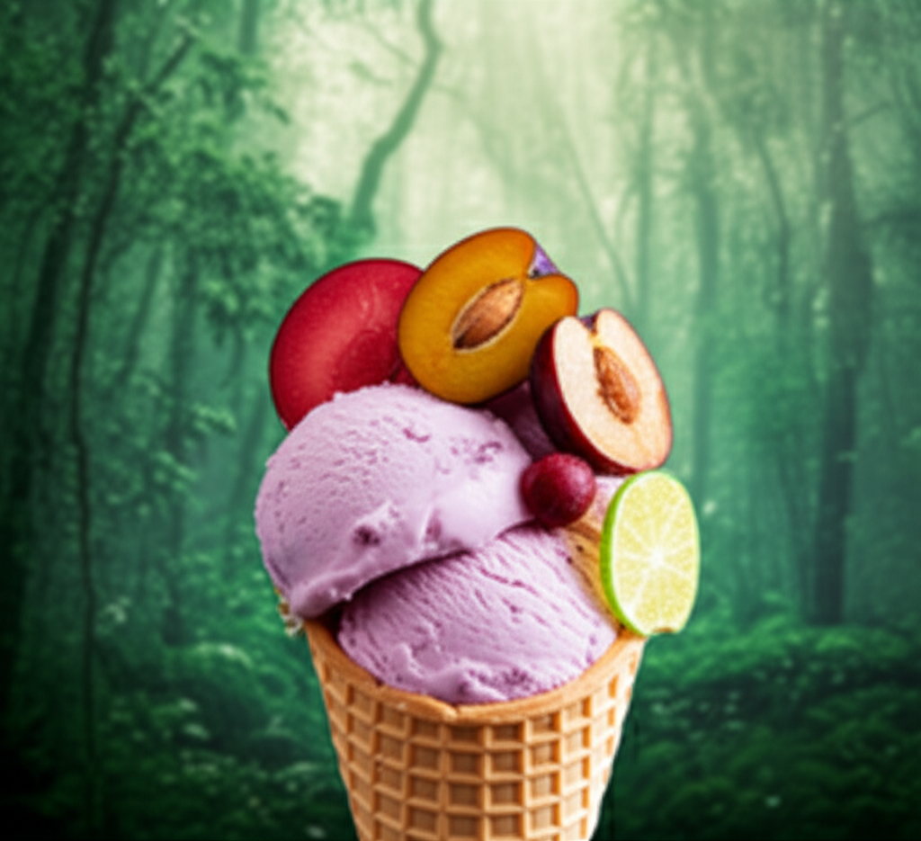 A close-up photo of Daintree ice cream featuring exotic local fruits, with a lush rainforest background.